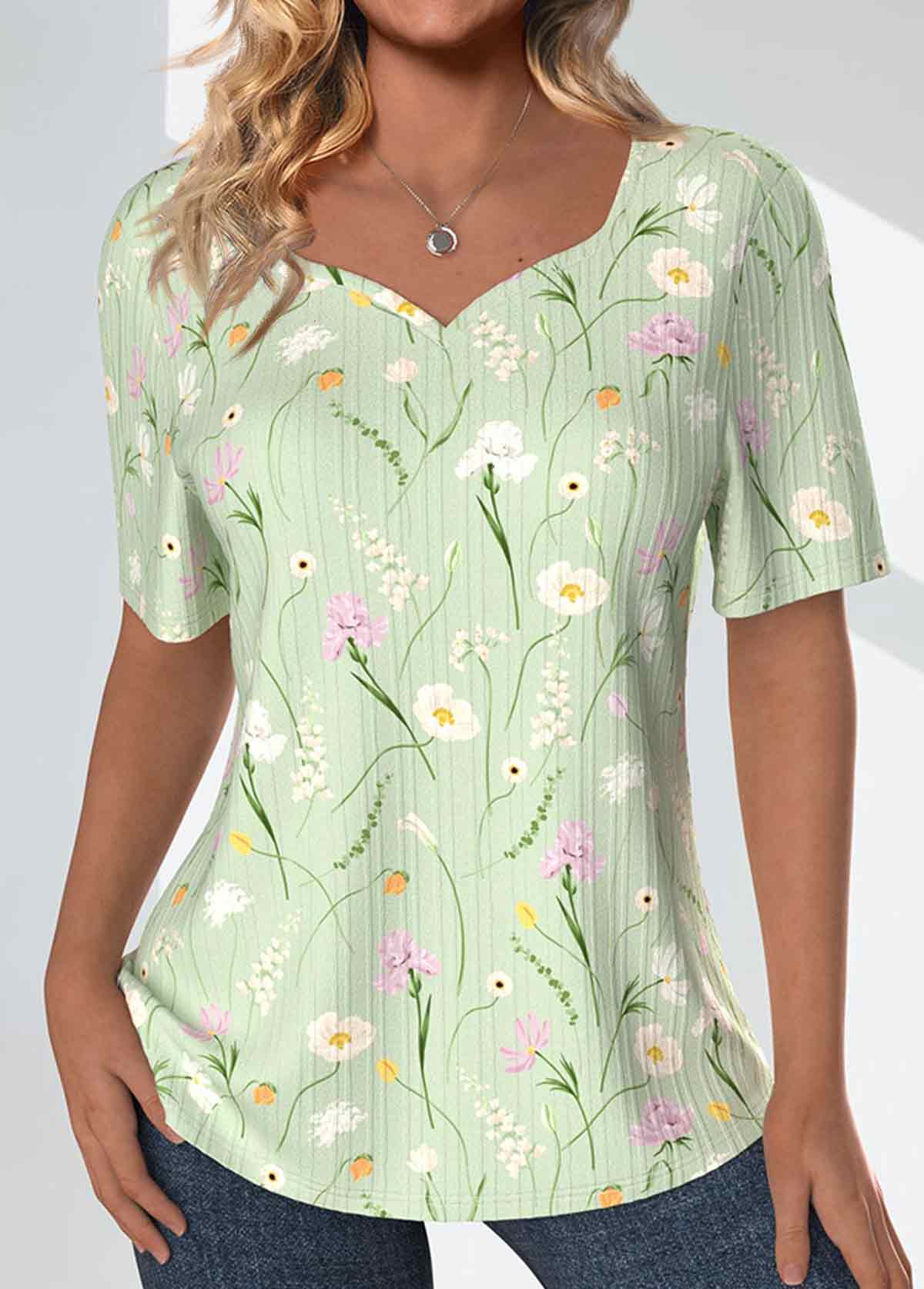 Modlily Light Green Textured Fabric Floral Print T Shirt - S