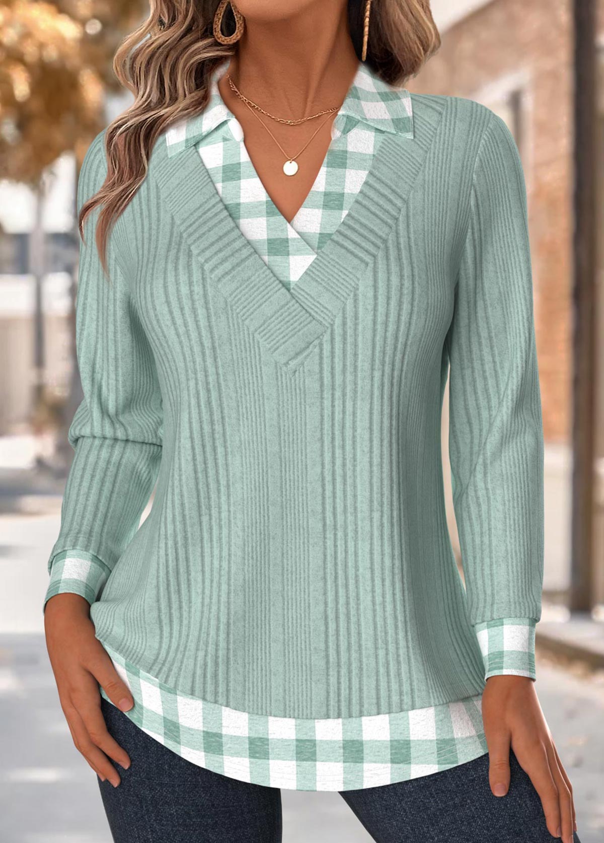 Modlily Light Green Tummy Coverage Plaid Long Sleeve T Shirt - XL