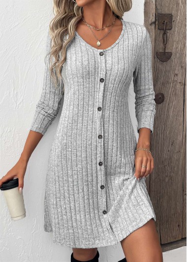 Modlily Light Grey Button Long Sleeve Scoop Neck Dress - XL