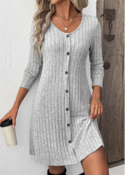 Modlily Light Grey Button Long Sleeve Scoop Neck Dress - XL