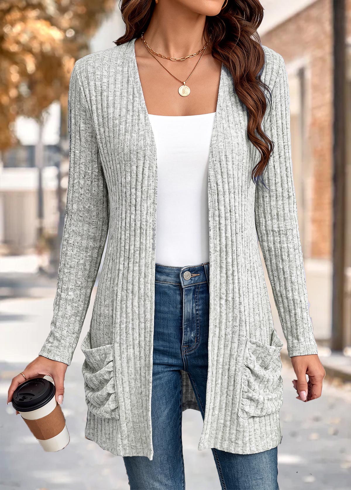 Modlily Light Grey Double Side Pockets Long Sleeve Knit Cardigan - M