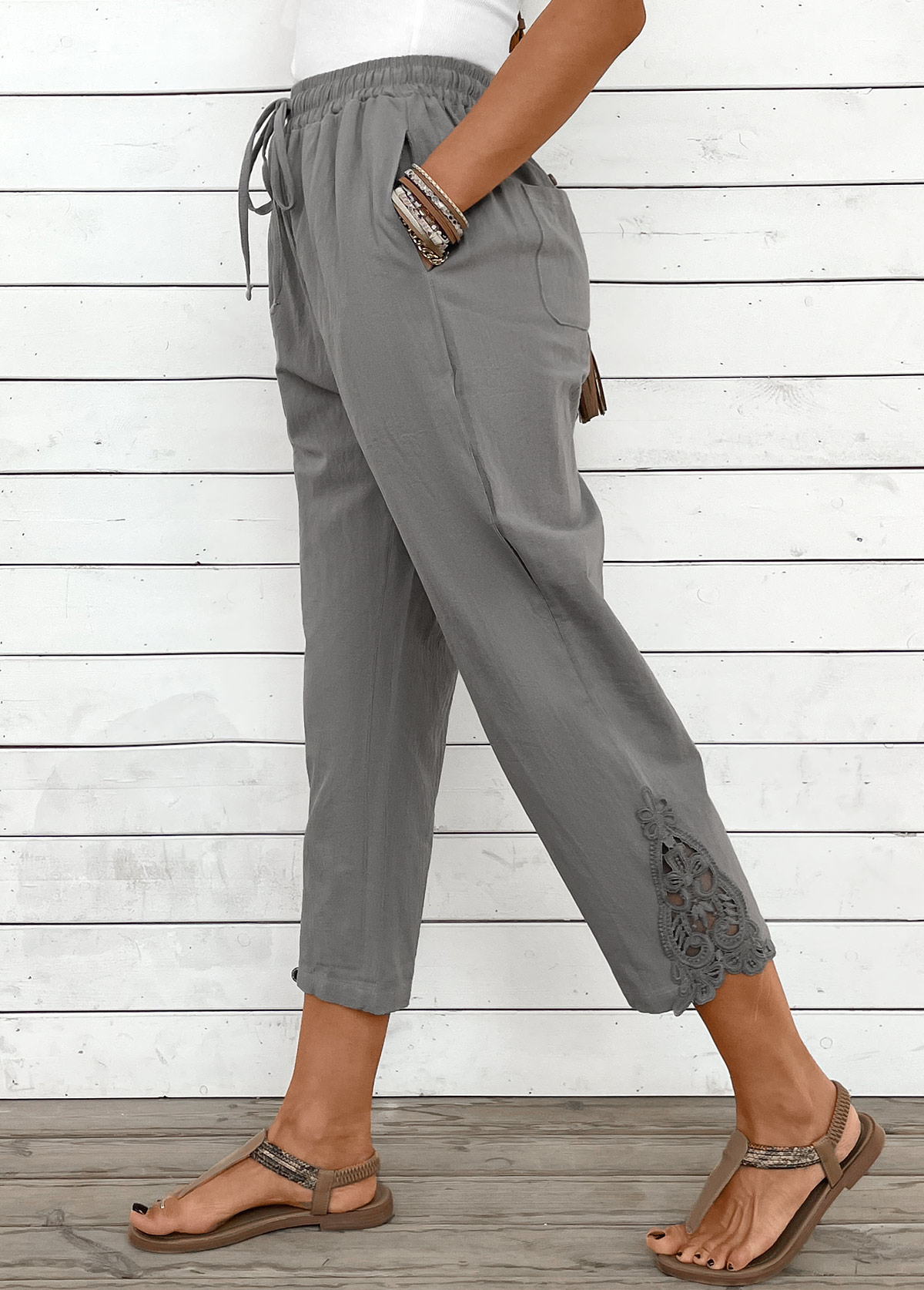 Modlily Light Grey Drawstring Straight Leg Elastic Waist Pants - S