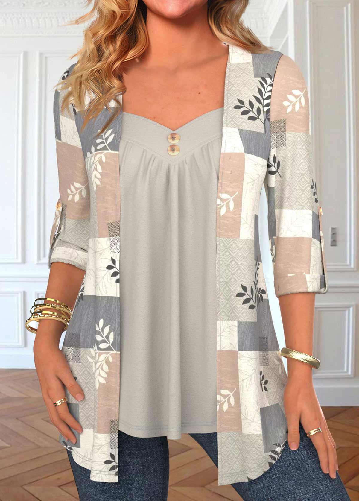 Modlily Light Grey Geometric Print Fake Two Piece Twinset - S