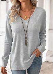 Modlily Light Grey Long Sleeve V Neck T Shirt - S