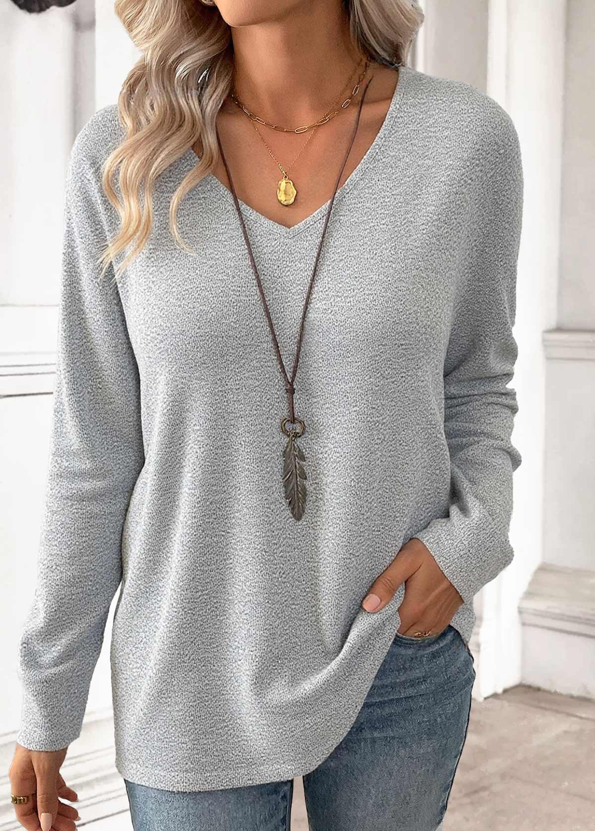 Modlily Light Grey Long Sleeve V Neck T Shirt - S