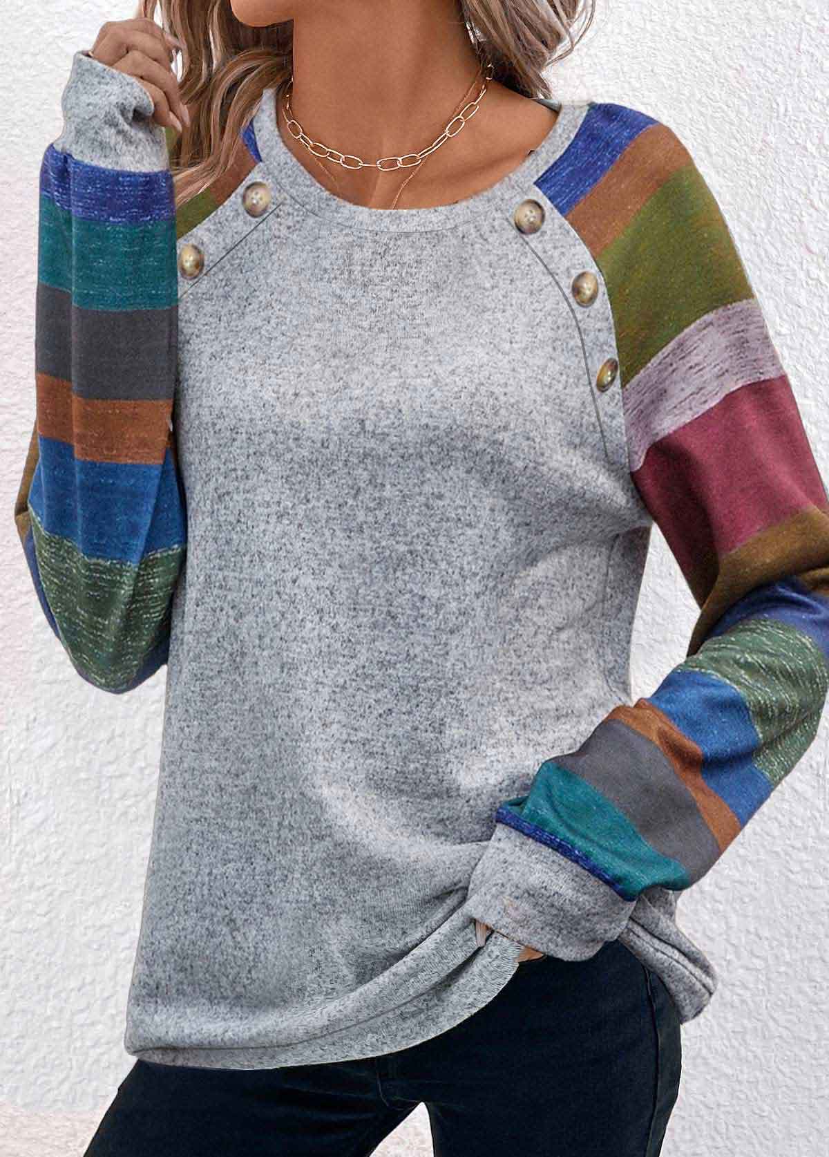 Modlily Light Grey Marl Button Striped T Shirt - M
