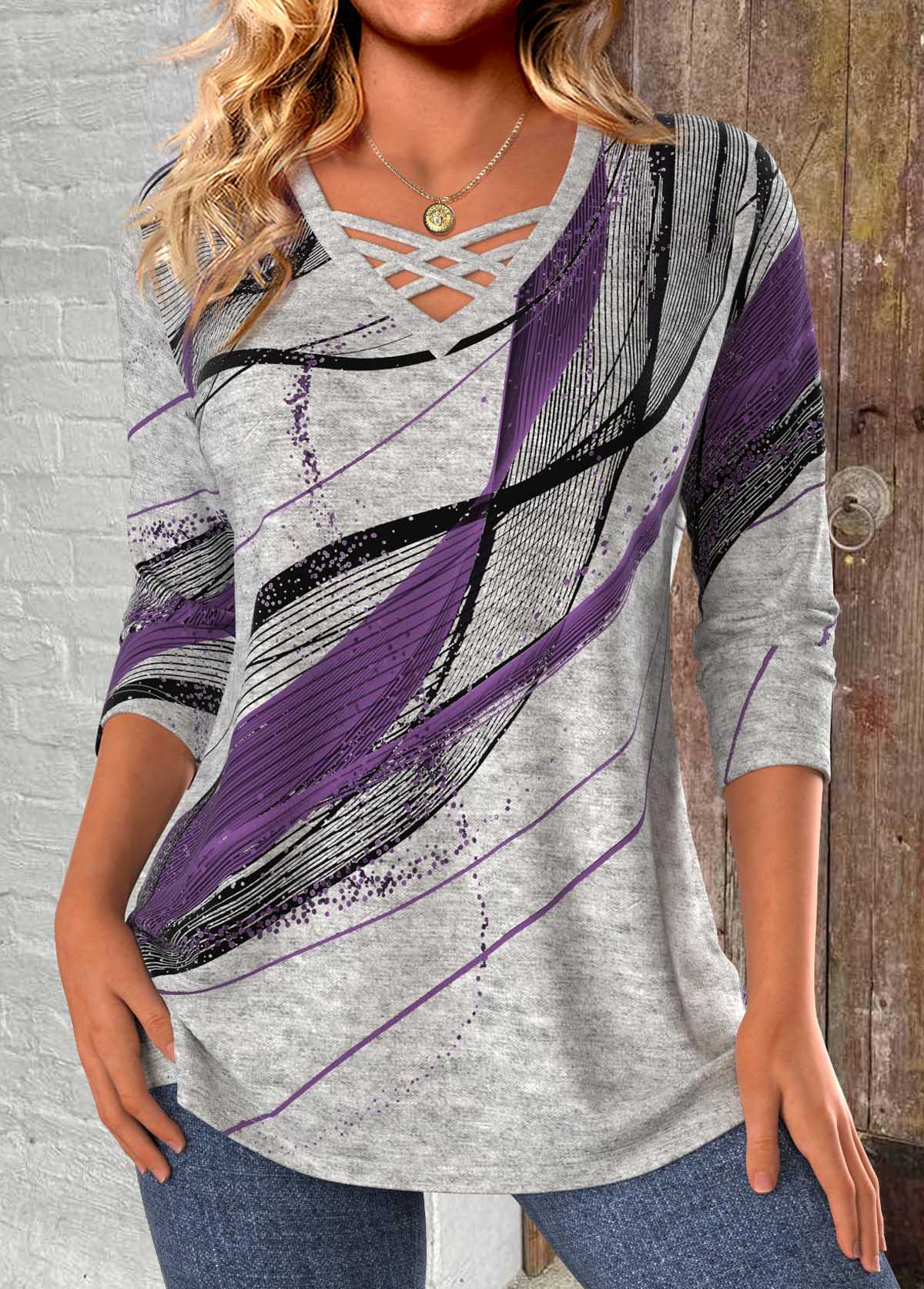 Modlily Light Grey Marl Criss Cross Geometric Print T Shirt - S