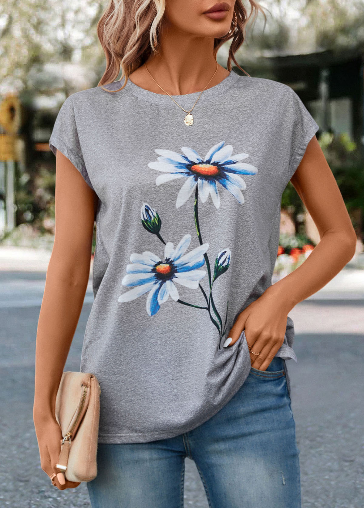 Modlily Light Grey Marl Floral Print T Shirt - XL