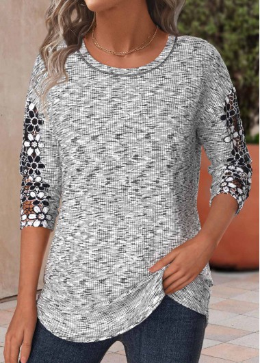 Modlily Light Grey Marl Patchwork Long Sleeve T Shirt - M