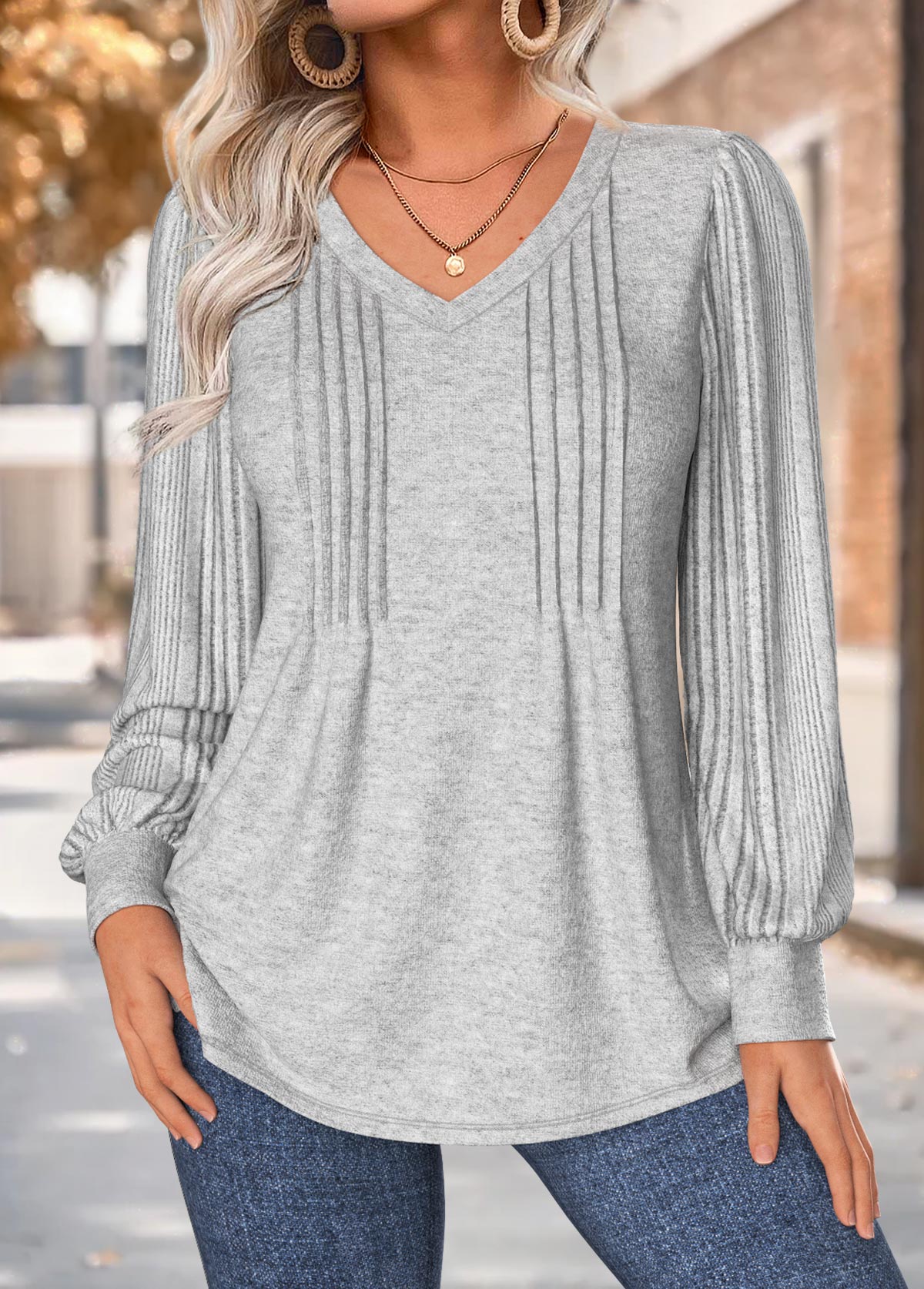 Modlily Light Grey Marl Tuck Stitch Long Sleeve T Shirt - M