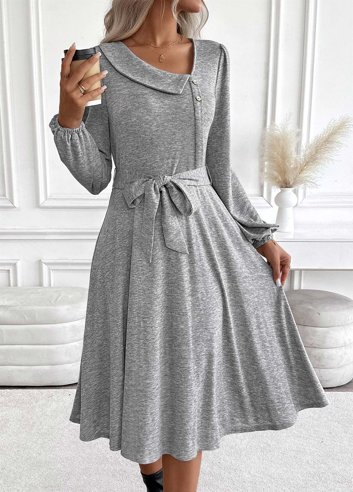 Modlily Light Grey Marl Tummy Coverage Belted Long Sleeve Dress - XL