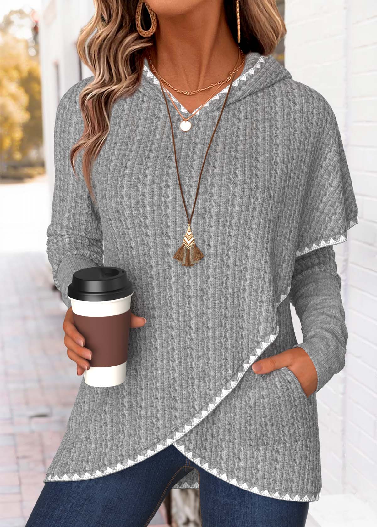 Modlily Light Grey Marl Tummy Coverage Long Sleeve Hoodie - M