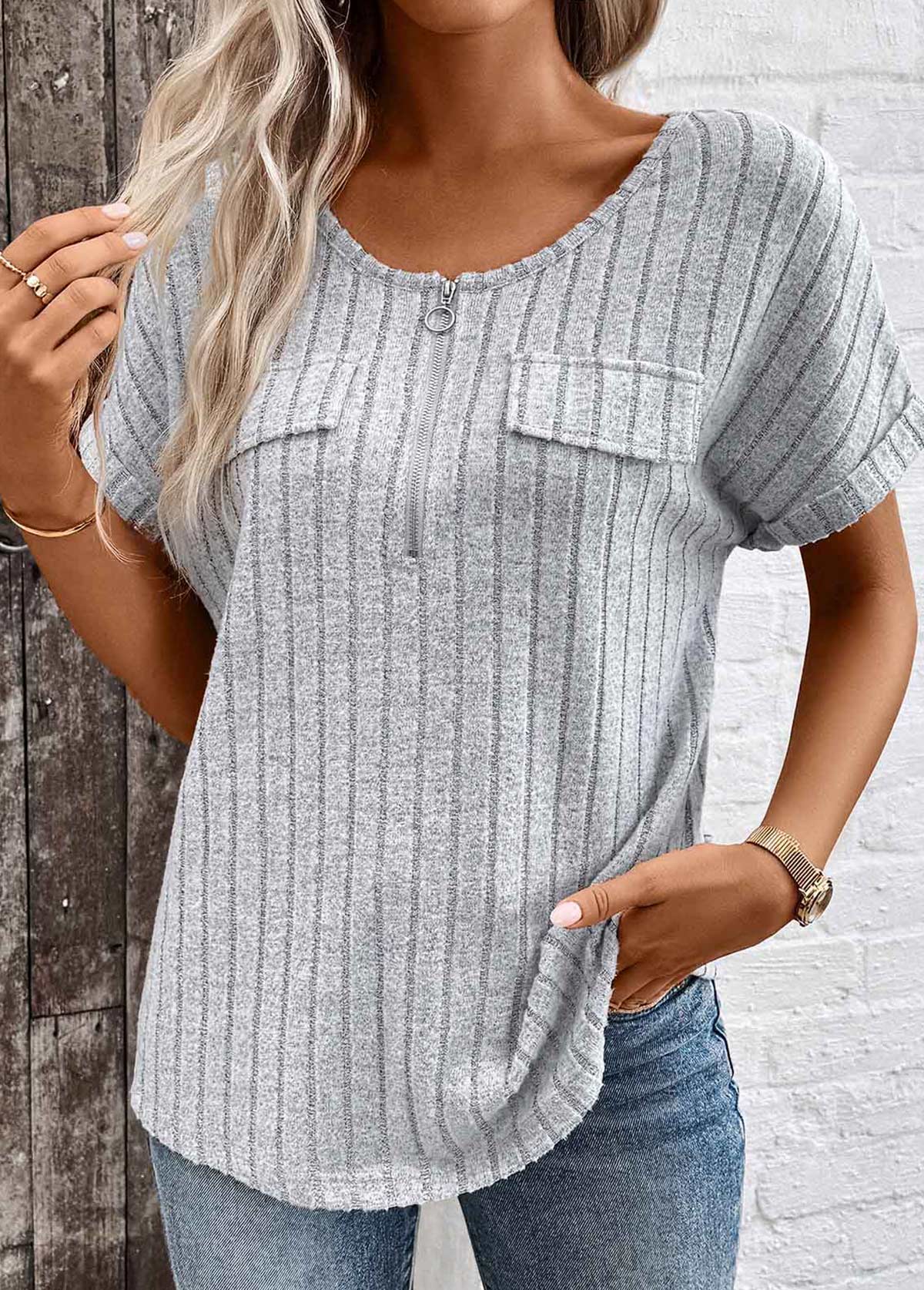 Modlily Light Grey Marl Zipper Short Sleeve V Neck Blouse - M