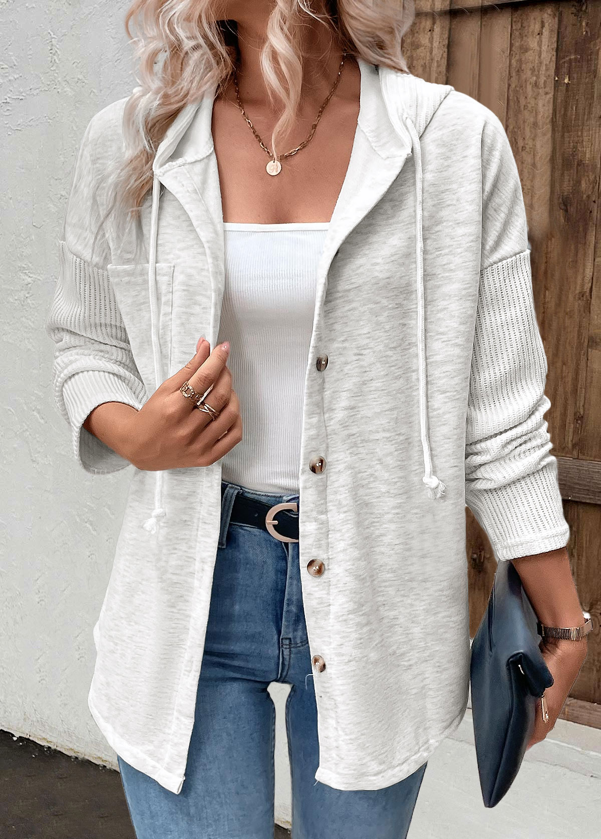 Modlily Light Grey Patchwork Long Sleeve Button Hoodie - S