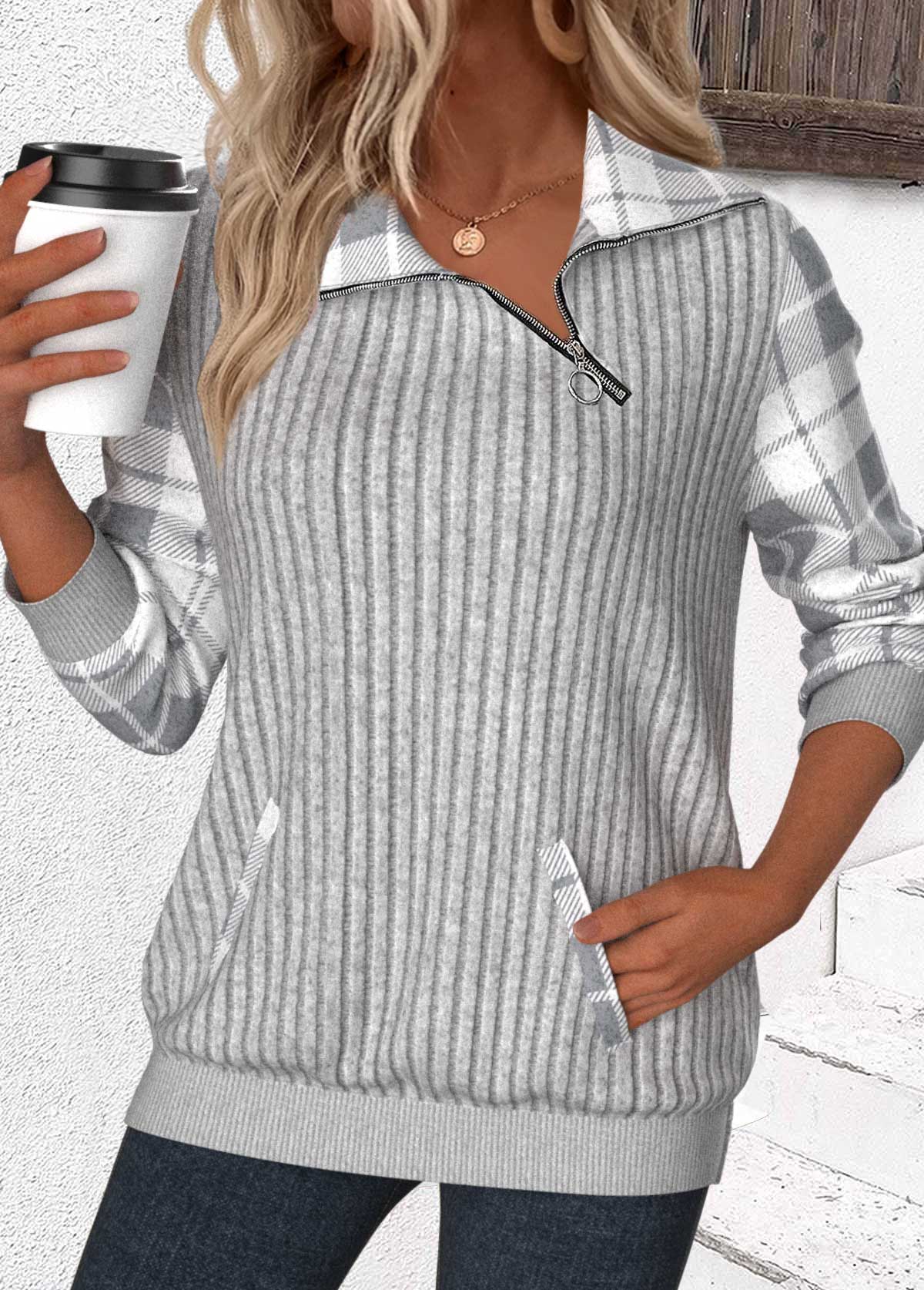 Modlily Light Grey Patchwork Plaid Long Sleeve Asymmetrical Neck Sweatshirt - M