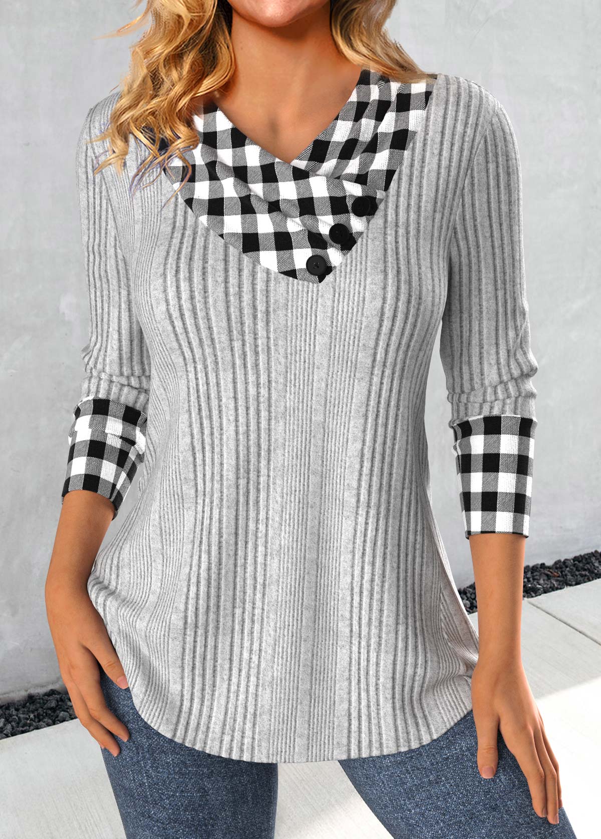 Modlily Light Grey Patchwork Plaid Long Sleeve V Neck Sweatshirt - M