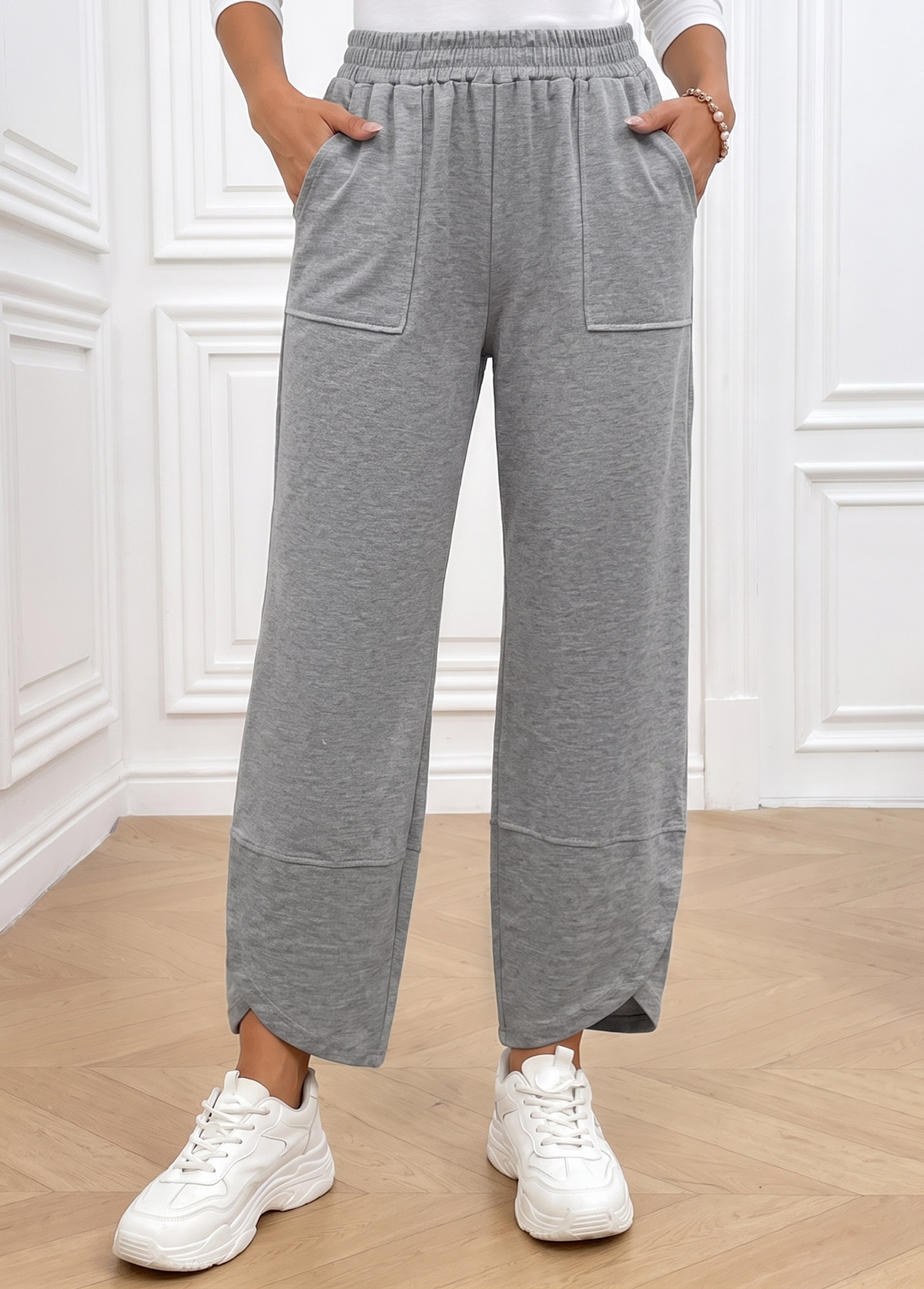 Modlily Light Grey Straight Leg Elastic Waist High Waisted Pants - 2XL