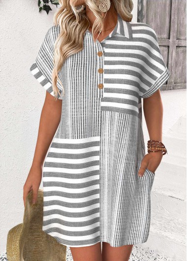 Modlily Light Grey Striped Short Shirt Collar Dress - S