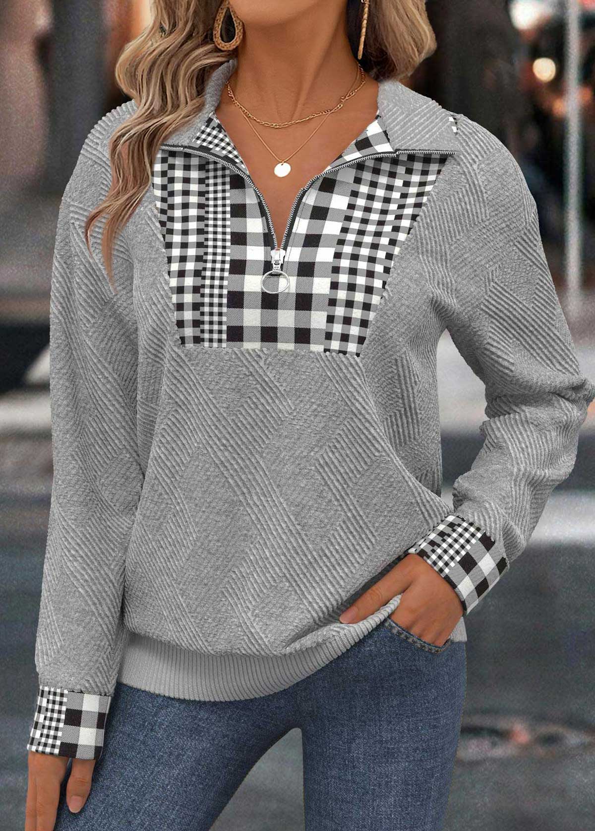Modlily Light Grey Tummy Coverage Plaid Long Sleeve Sweatshirt - M