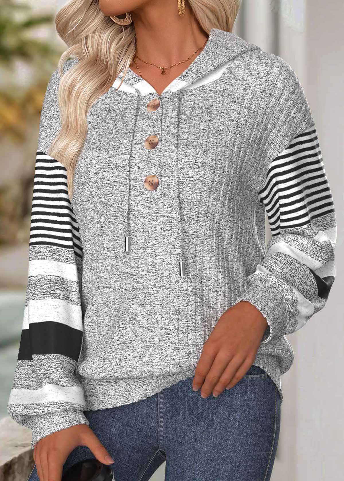 Modlily Light Grey Tummy Coverage Striped Long Sleeve Hoodie - XXL