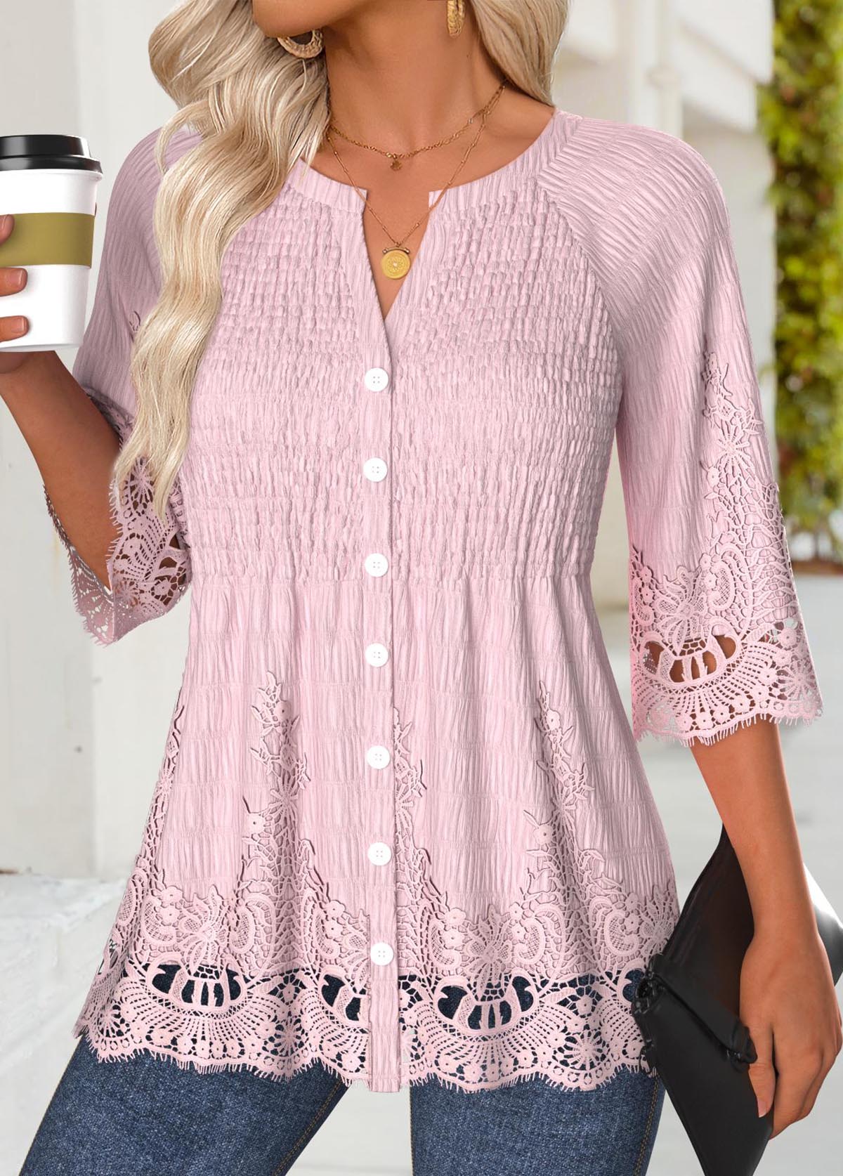 Modlily Light Pink 3/4 Sleeve Split Neck Smocked Blouse - XL