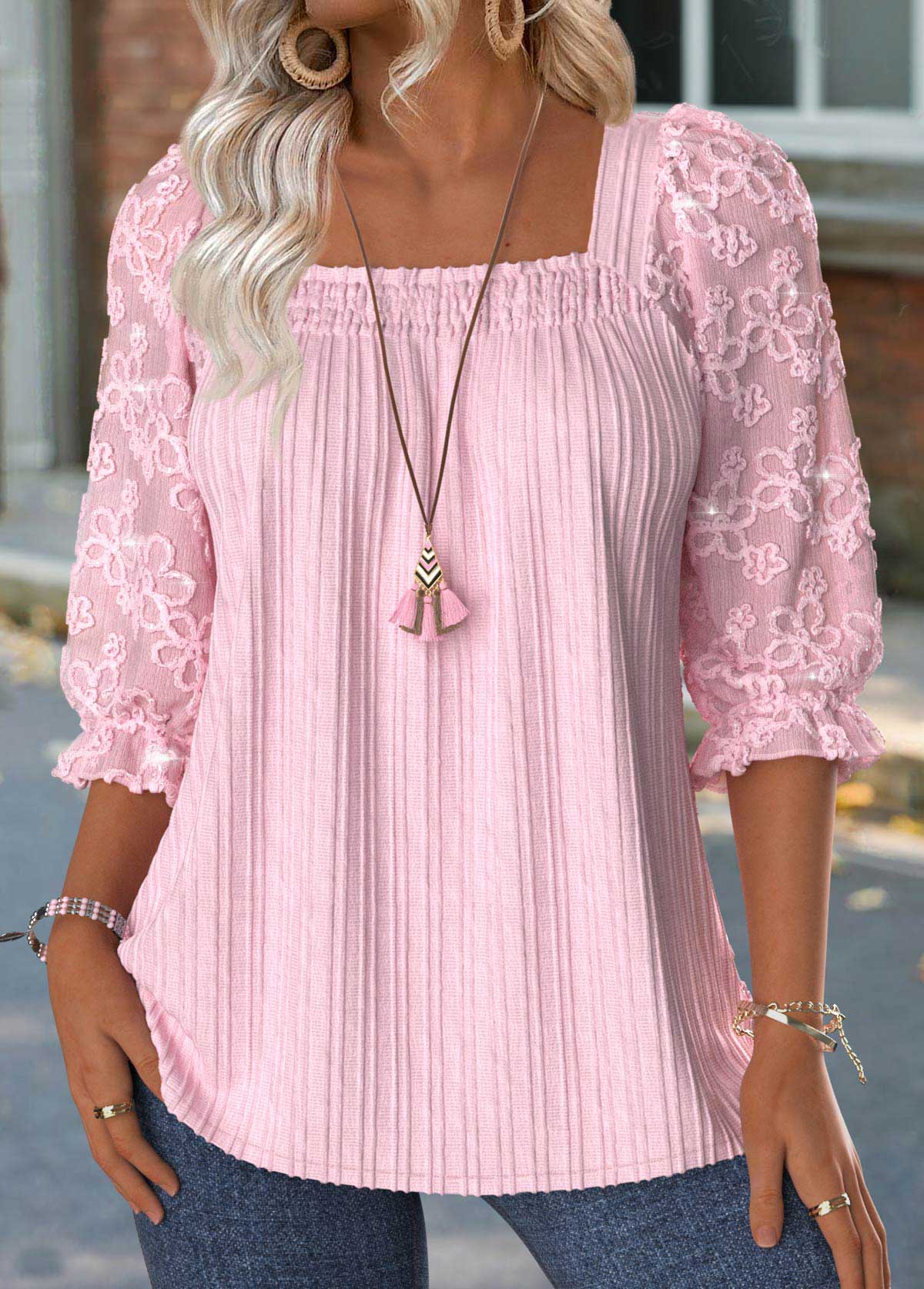 Modlily Light Pink 3/4 Sleeve Square Neck Blouse - M