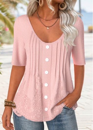 Modlily Light Pink Button Half Sleeve Scoop Neck T Shirt - S