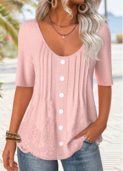 Modlily Light Pink Button Half Sleeve Scoop Neck T Shirt - S