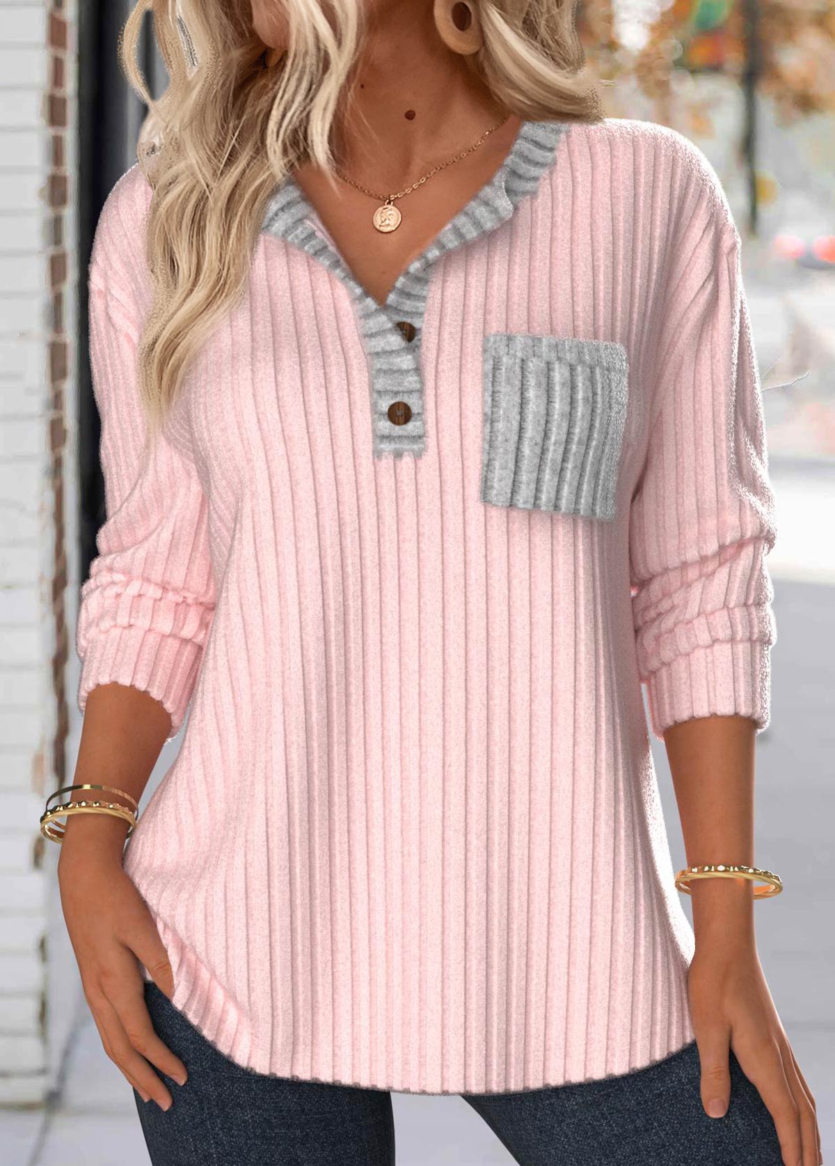 Modlily Light Pink Button Long Sleeve Split Neck Sweatshirt - S