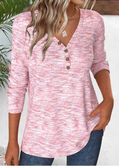 Modlily Light Pink Button Long Sleeve V Neck T Shirt - S