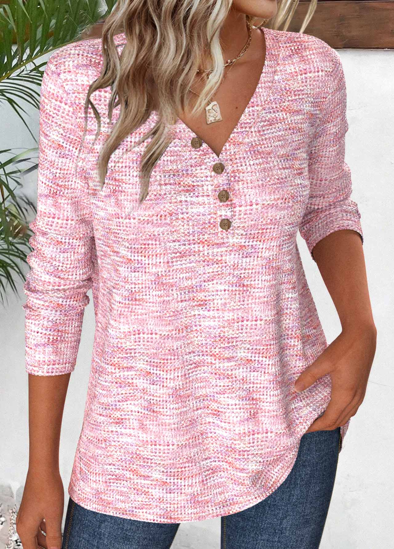 Modlily Light Pink Button Long Sleeve V Neck T Shirt - S