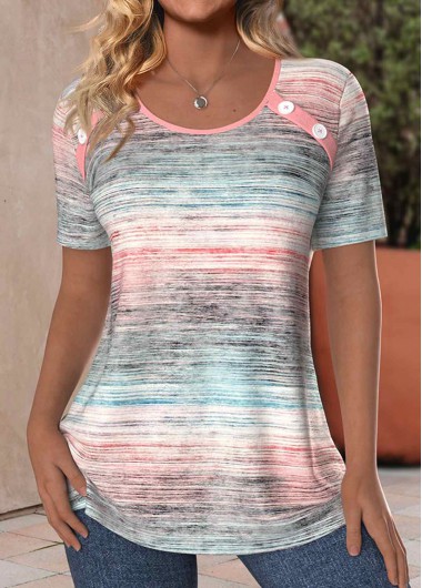 Modlily Light Pink Button Ombre Short Sleeve T Shirt - M