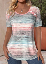 Modlily Light Pink Button Ombre Short Sleeve T Shirt - M