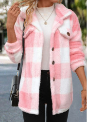 Modlily Light Pink Button Plaid Long Sleeve Coat - XL