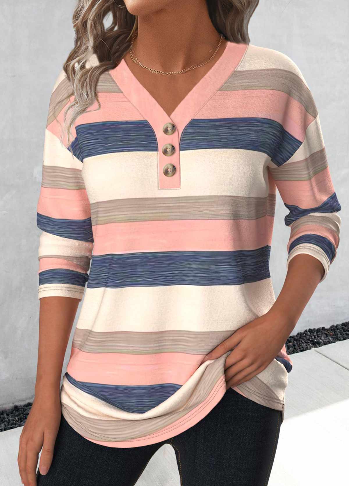 Modlily Light Pink Button Striped Long Sleeve T Shirt - XL