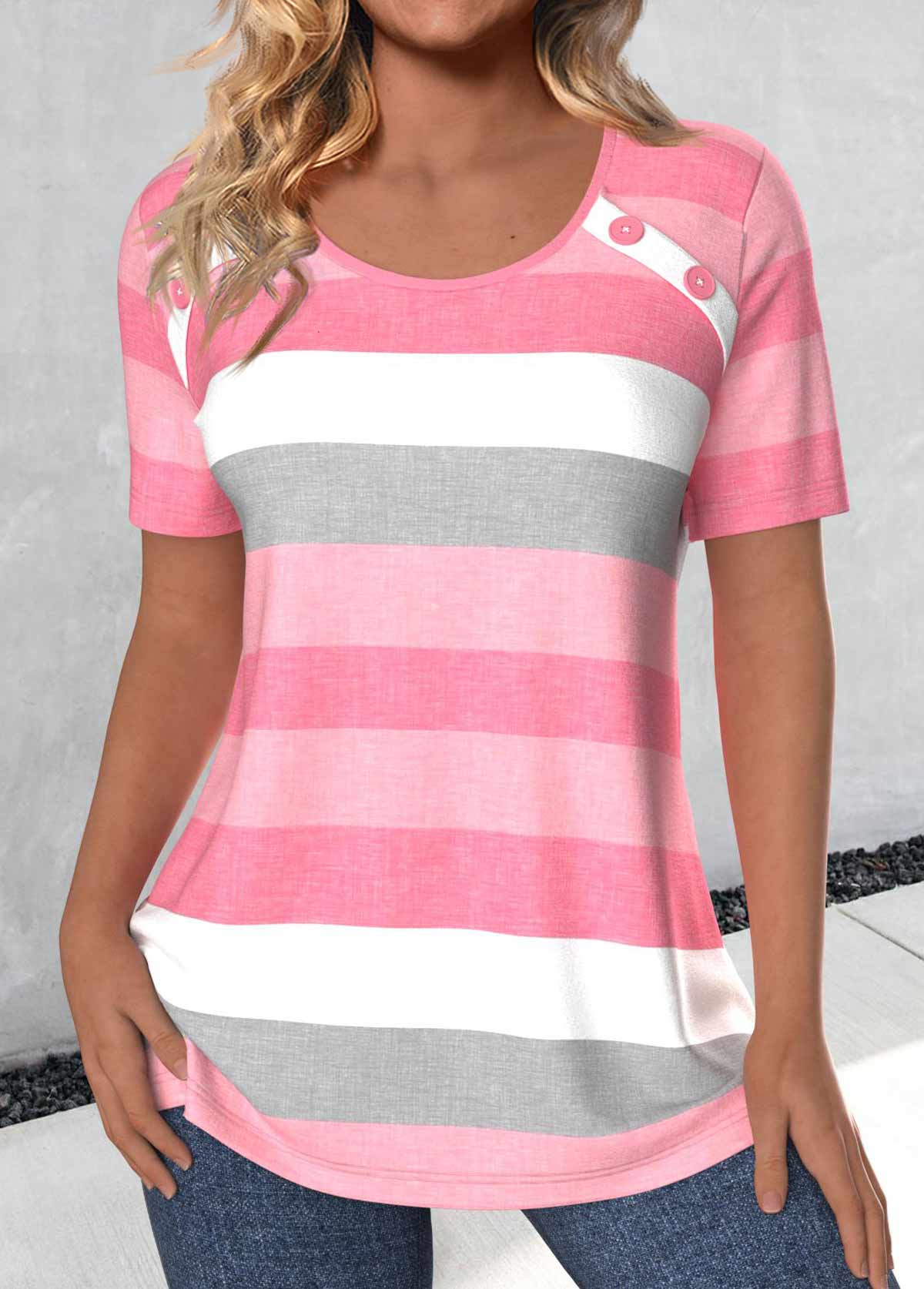 Modlily Light Pink Button Striped Short Sleeve T Shirt - S