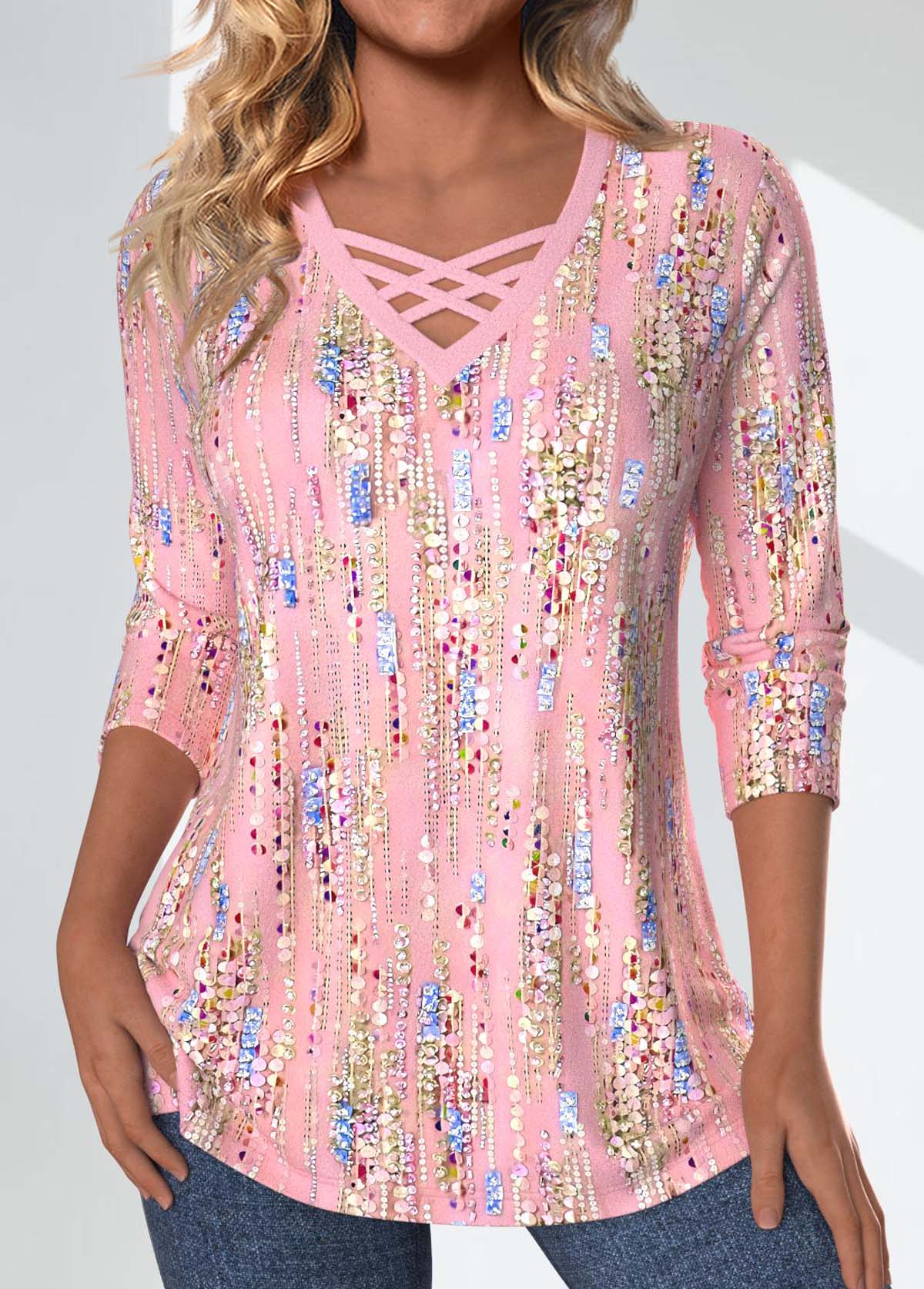 Modlily Light Pink Criss Cross Geometric Print T Shirt - L