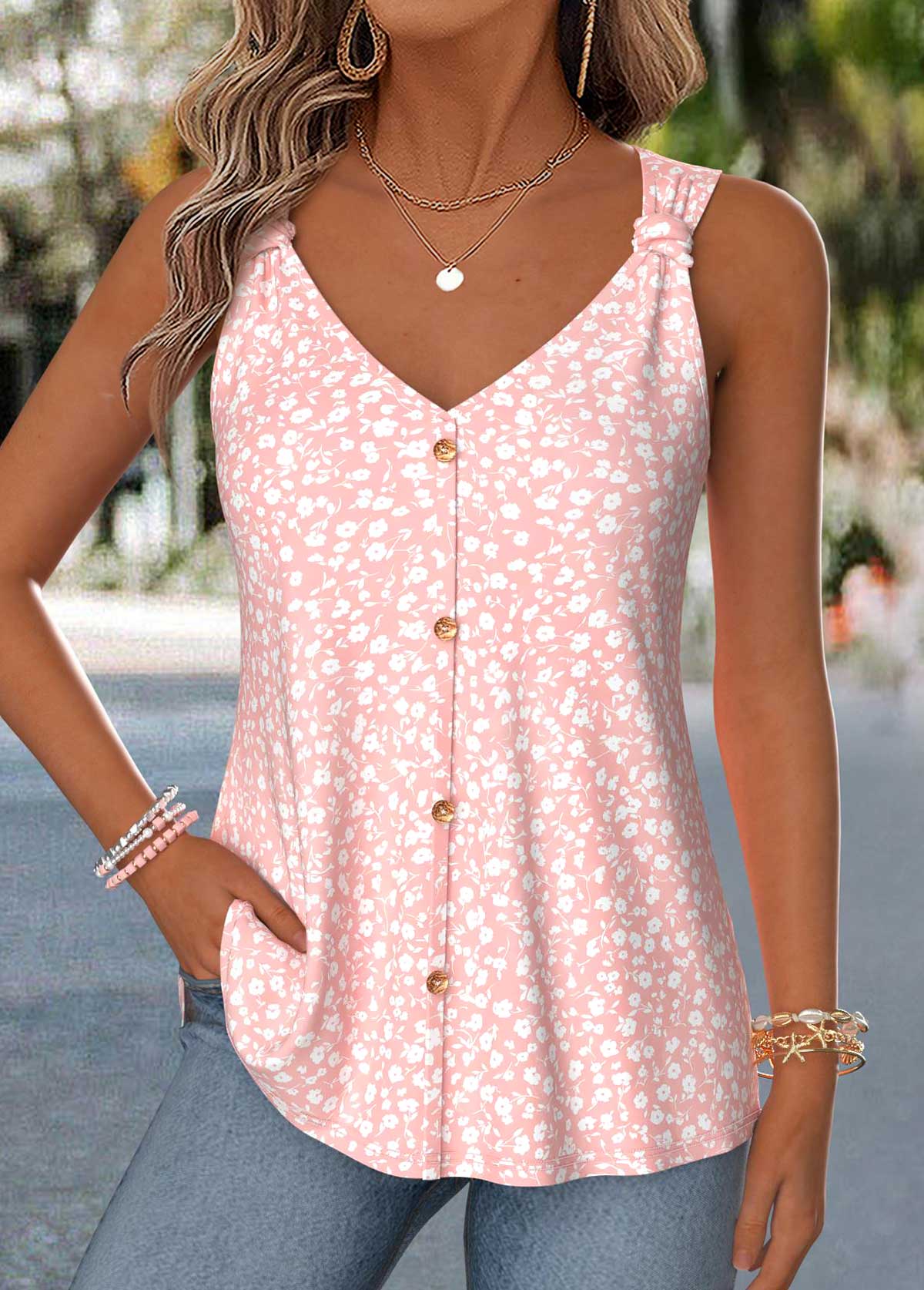 Modlily Light Pink Ditsy Floral Print Curved Hem Tank Top - S