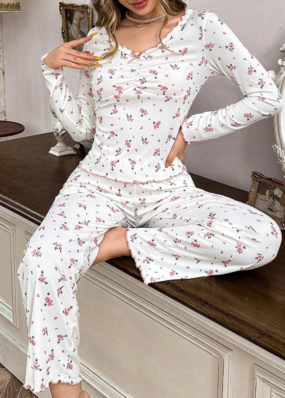Modlily Light Pink Ditsy Floral Print Lounge Top and Pants - M