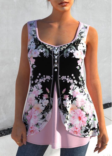 Modlily Light Pink Faux Two Piece Floral Print Tank Top - S