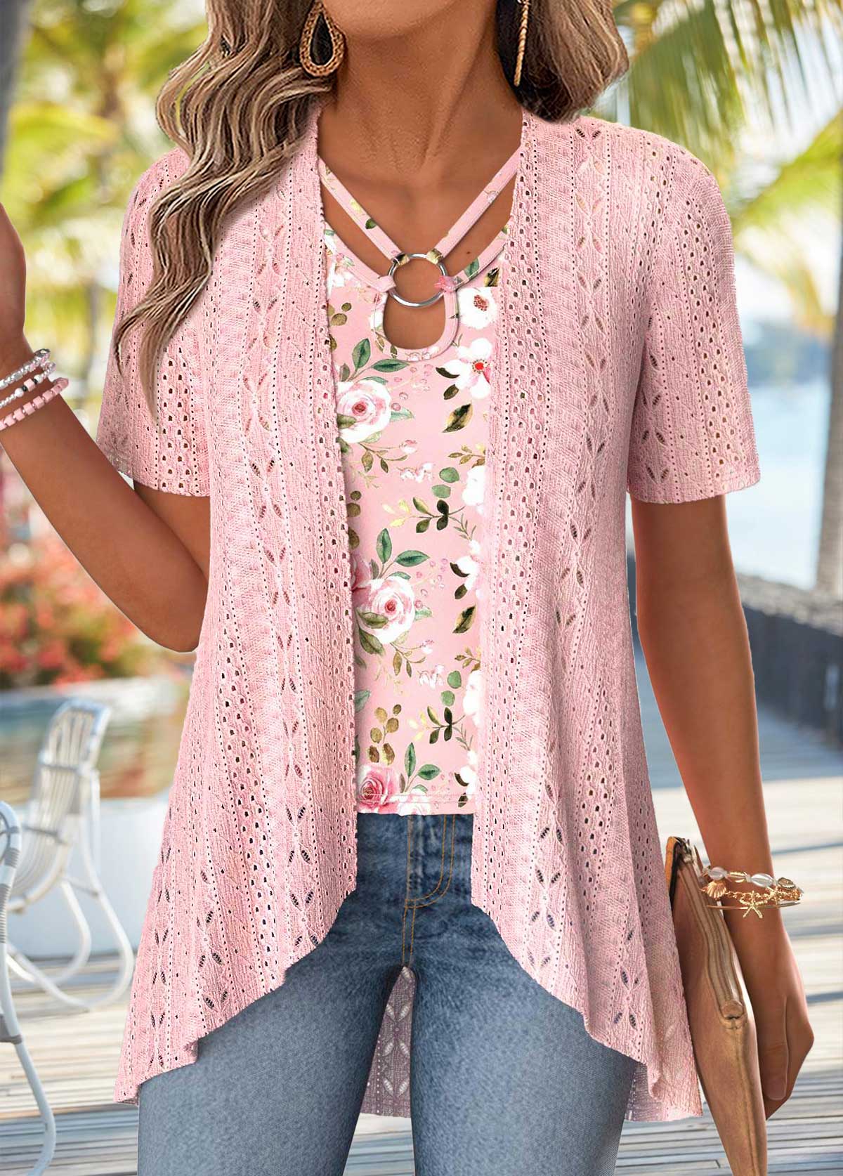 Modlily Light Pink Floral Print Fake Two Piece Twinset - S