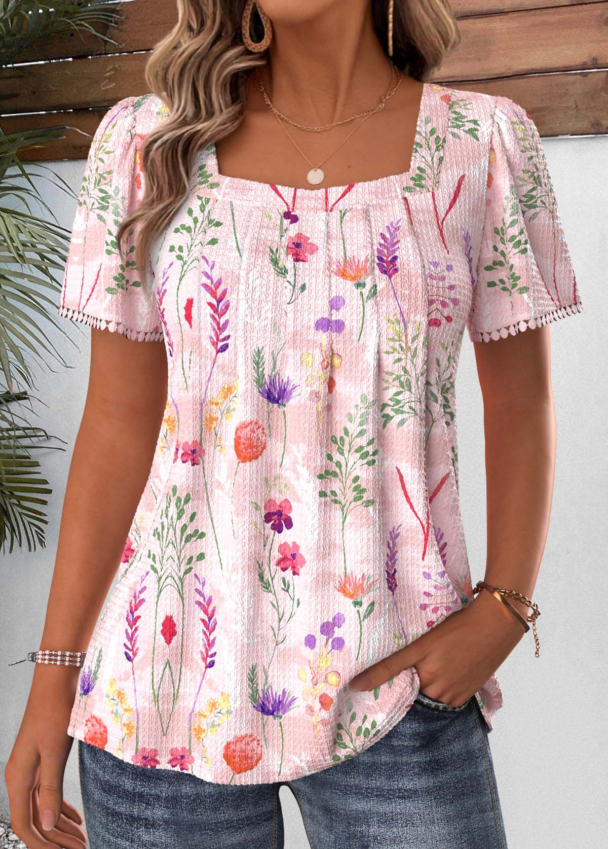 Modlily Light Pink Floral Print Pleated Short Sleeve T Shirt - M
