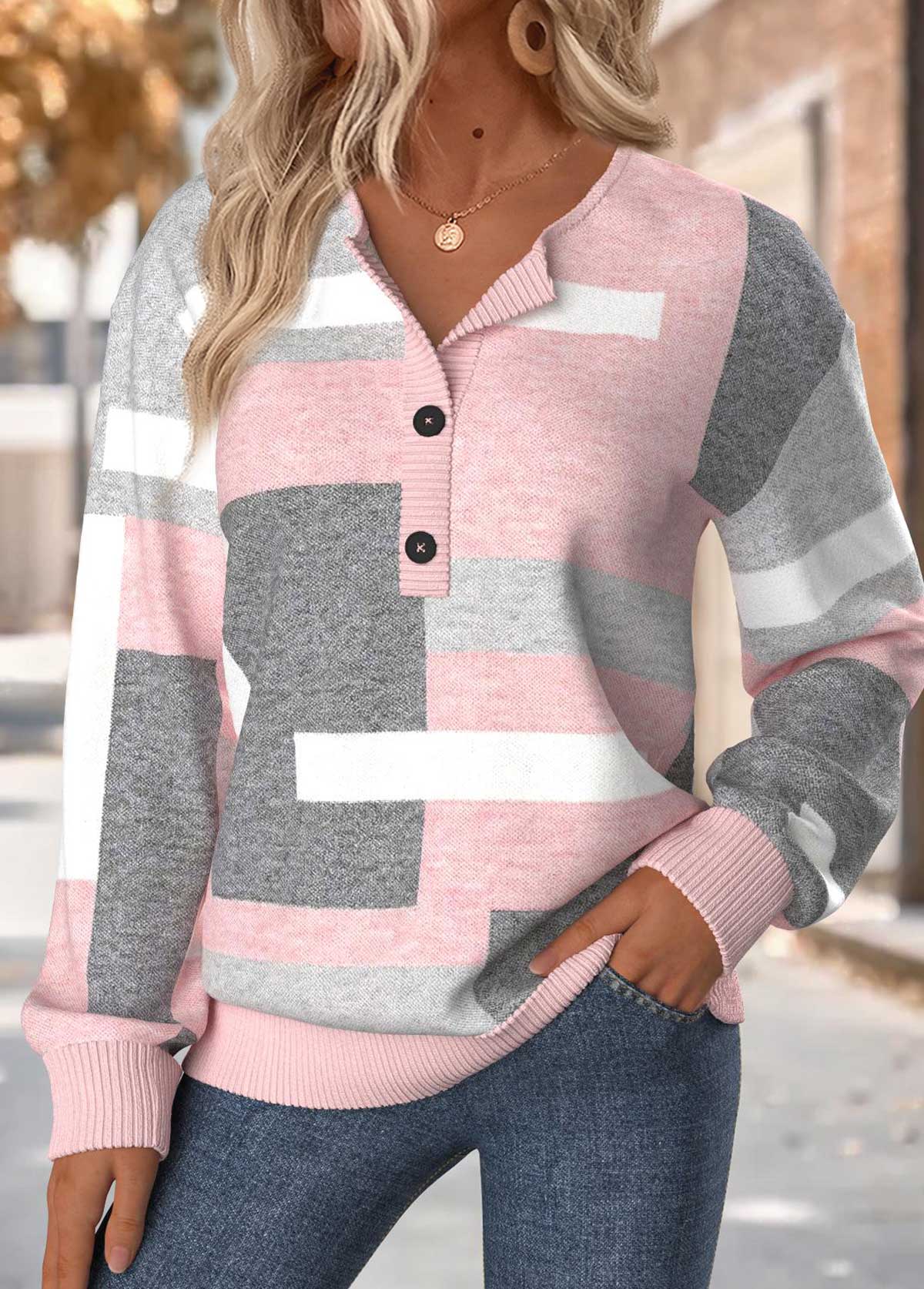 Modlily Light Pink Geometric Print Long Sleeve Patchwork Sweatshirt - S