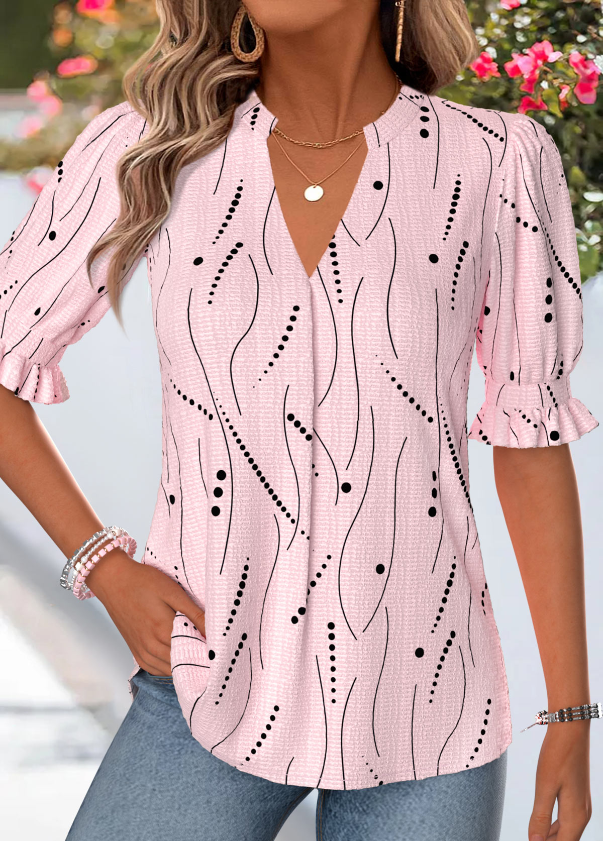 Modlily Light Pink Geometric Print Shirred Half Sleeve Blouse - M