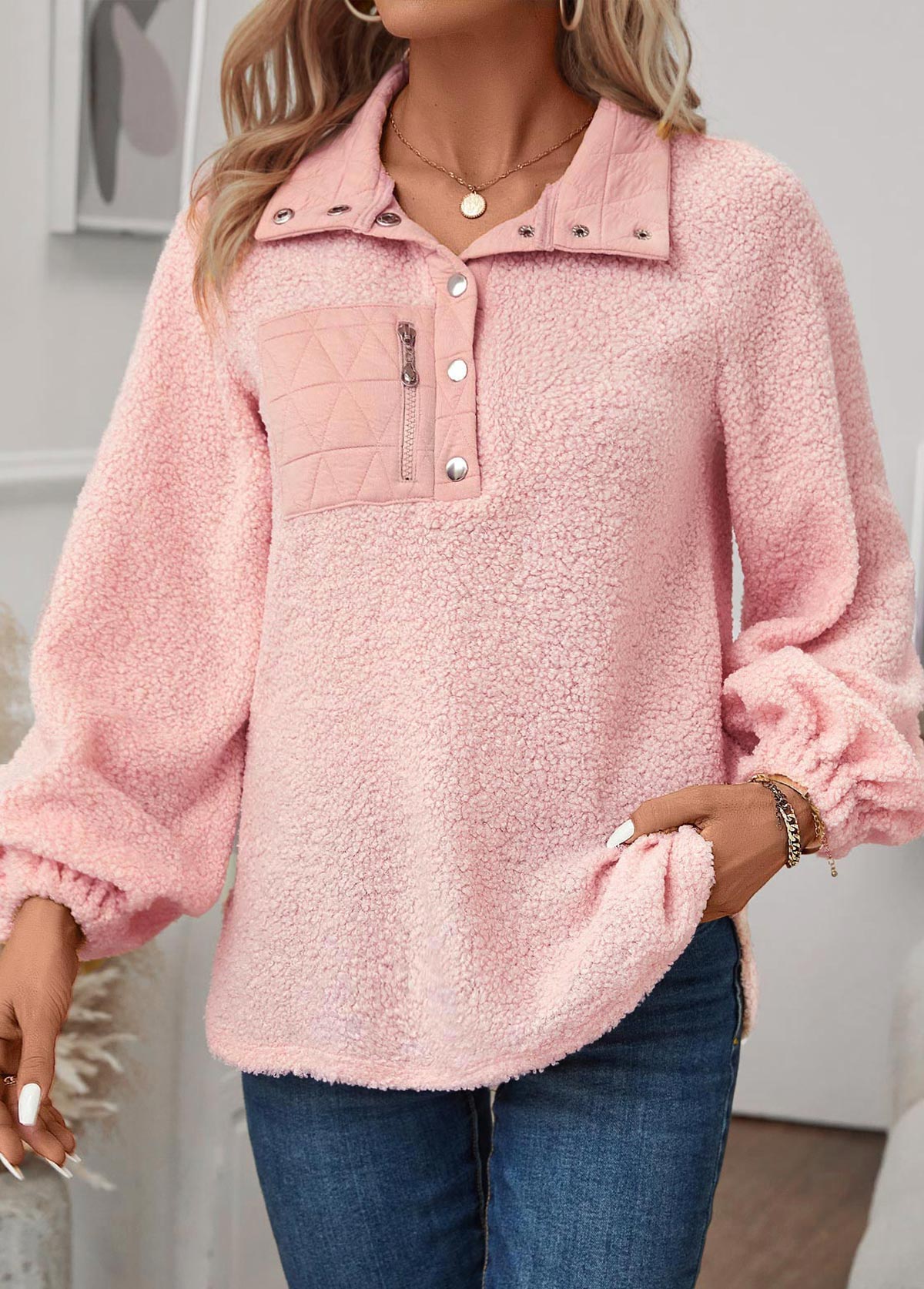Modlily Light Pink Jacquard Long Sleeve Turn Down Collar Sweatshirt - M