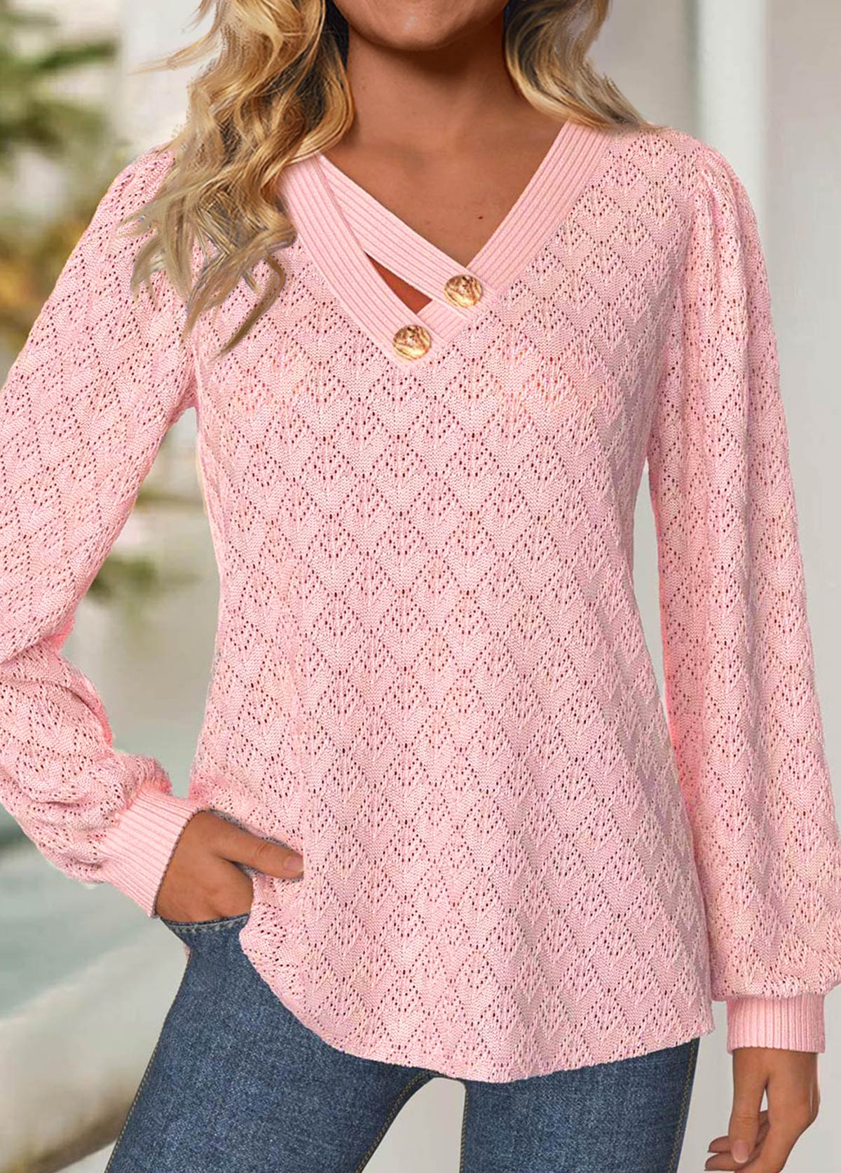 Modlily Light Pink Jacquard Long Sleeve V Neck T Shirt - M