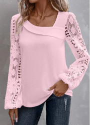 Modlily Light Pink Lace Long Sleeve Asymmetrical Neck Blouse - 1X