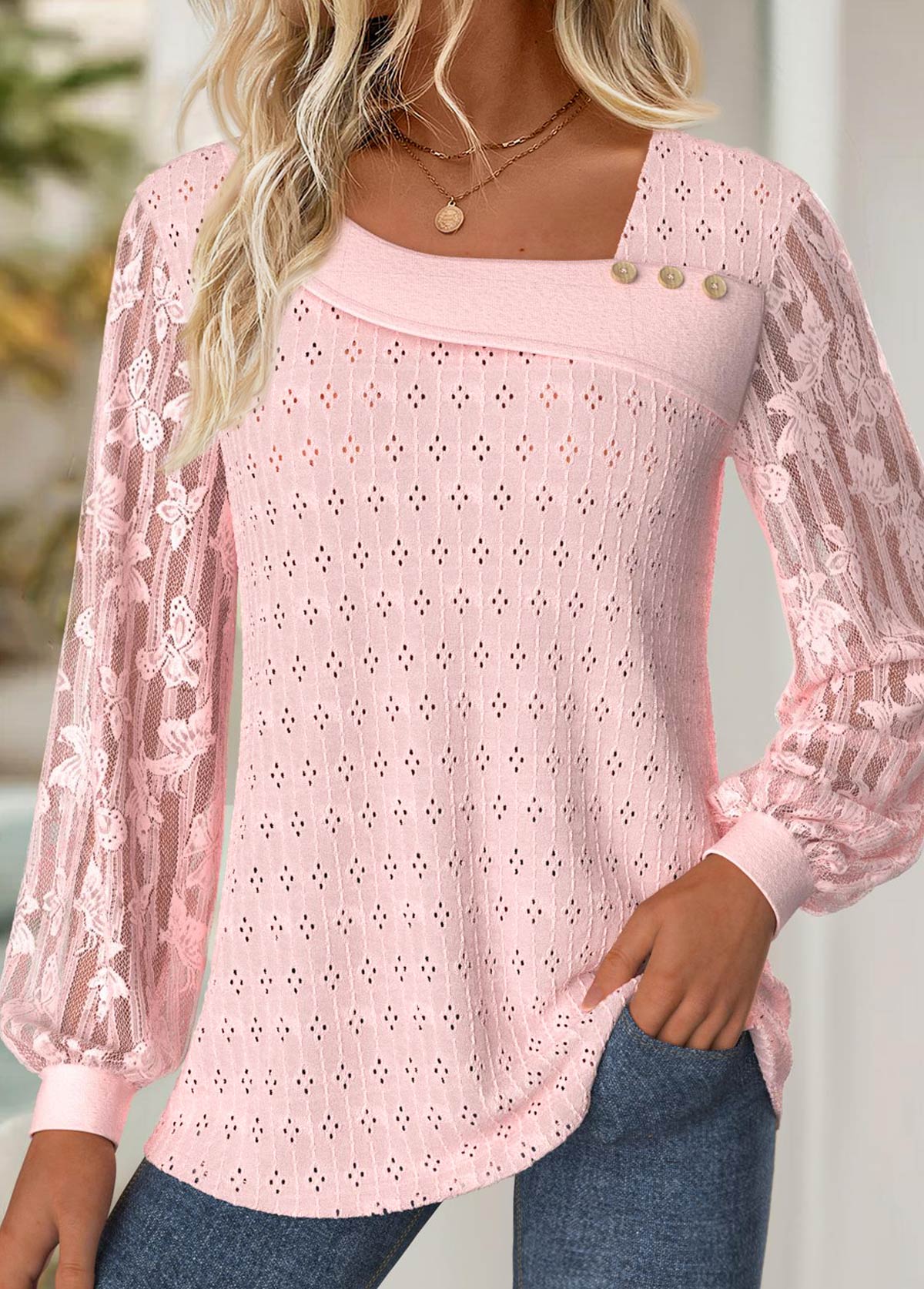 Modlily Light Pink Lace Long Sleeve Asymmetrical Neck T Shirt - M