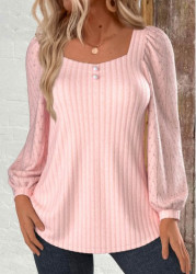 Modlily Light Pink Lace Long Sleeve Square Neck Sweatshirt - M