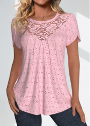 Modlily Light Pink Lace Short Sleeve Round Neck T Shirt - M